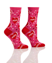 Load image into Gallery viewer, Show her how special she is with this great set of women's crew socks with bright, bold and fun designs.  Comes in a coordinating gift box.  So cute and stylish, she'll want to wear them all the time!  Each giftbox set includes:  (1) Red/Pink Mom Hearts (1) Red/Pink Stripes (1) Red/Pink Dots Features:  Reinforced Heel & Toe Cotton Antimicrobial Fits Women's Shoe Size 6-10