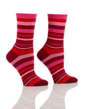 Load image into Gallery viewer, Show her how special she is with this great set of women's crew socks with bright, bold and fun designs.  Comes in a coordinating gift box.  So cute and stylish, she'll want to wear them all the time!  Each giftbox set includes:  (1) Red/Pink Mom Hearts (1) Red/Pink Stripes (1) Red/Pink Dots Features:  Reinforced Heel & Toe Cotton Antimicrobial Fits Women's Shoe Size 6-10