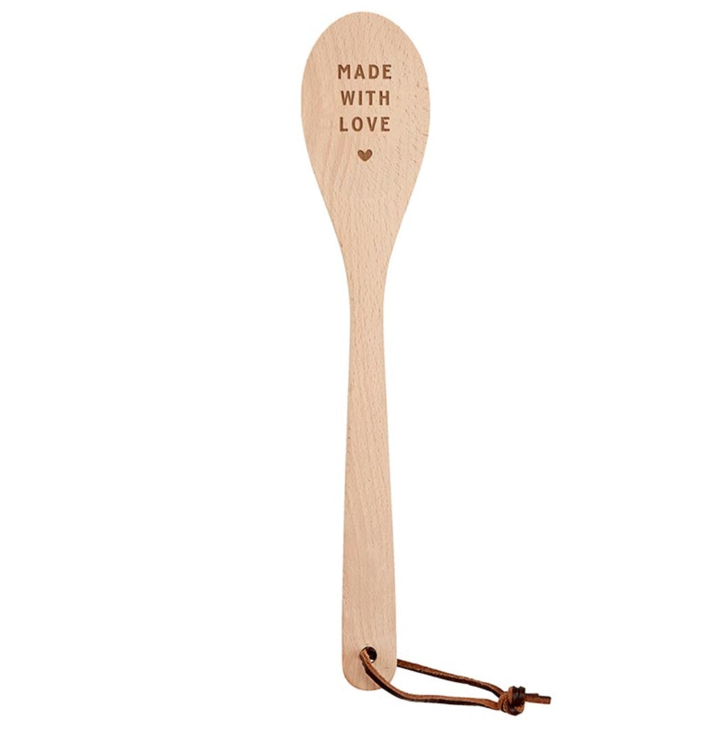 Kitchen Wooden Spoons  -  Includes Leather Hanging Strap & Muslin Bag - Inscribed