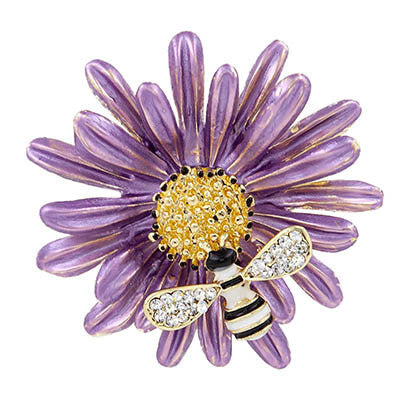 Brooch - Crystal and Metal Enamel - Flower with Bumble Bee - Purple
