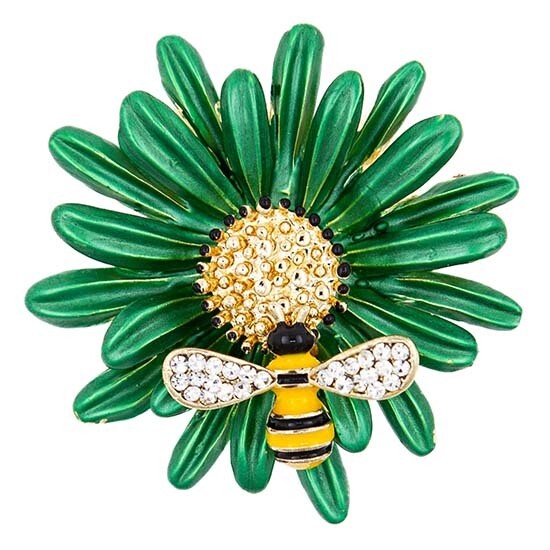 Brooch - Crystal and Metal Enamel - Flower with Bumble Bee - Green
