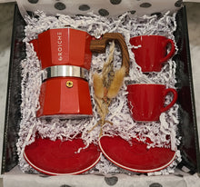 Load image into Gallery viewer, Espresso Machine &amp; Cup Gift Set - 3-Cup Espresso Machine, Espresso Cups and Saucers - Red

