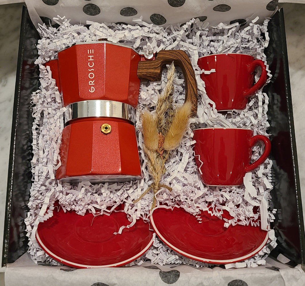 Espresso Machine & Cup Gift Set - 3-Cup Espresso Machine, Espresso Cups and Saucers - Red