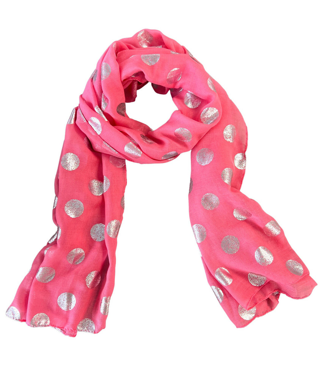 Scarf - Polka Dots with Frayed Edges - Silver on Fuchsia