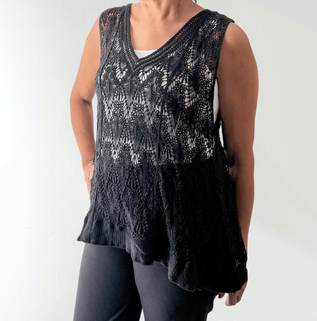 Cover-Up - Crochet Sleeveless Top - Black