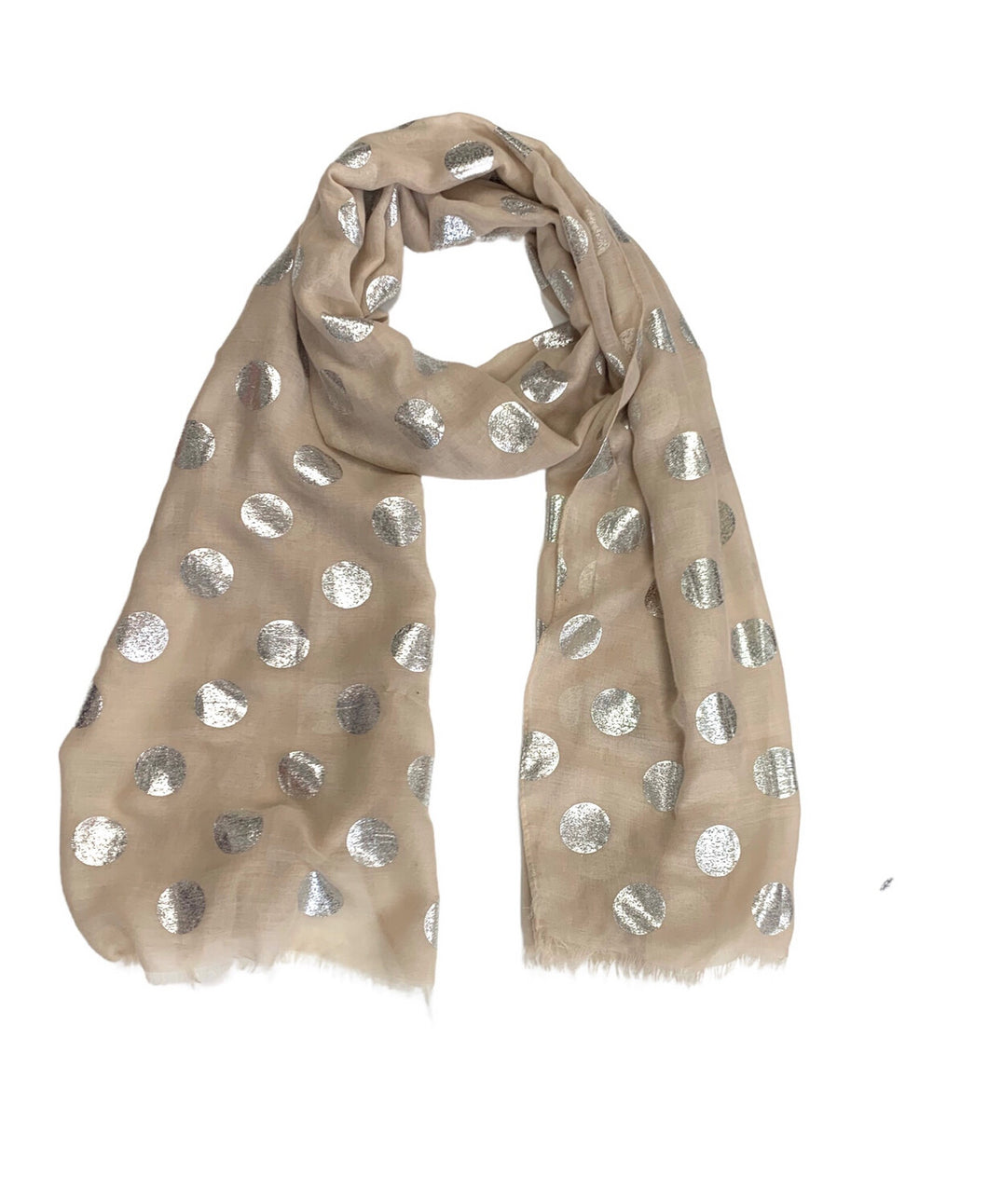 Scarf - Polka Dots with Frayed Edges - Silver on Tan