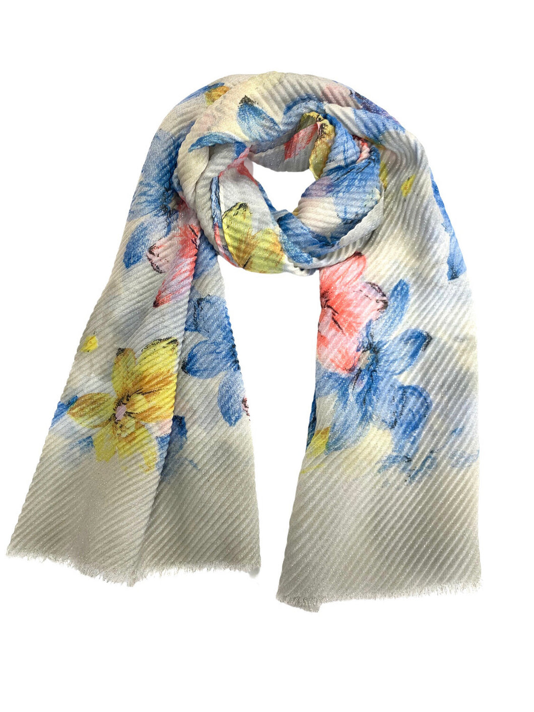 Scarf - Pleated with Frayed Edges - Blue/Yellow Florals on Sparkling Silver