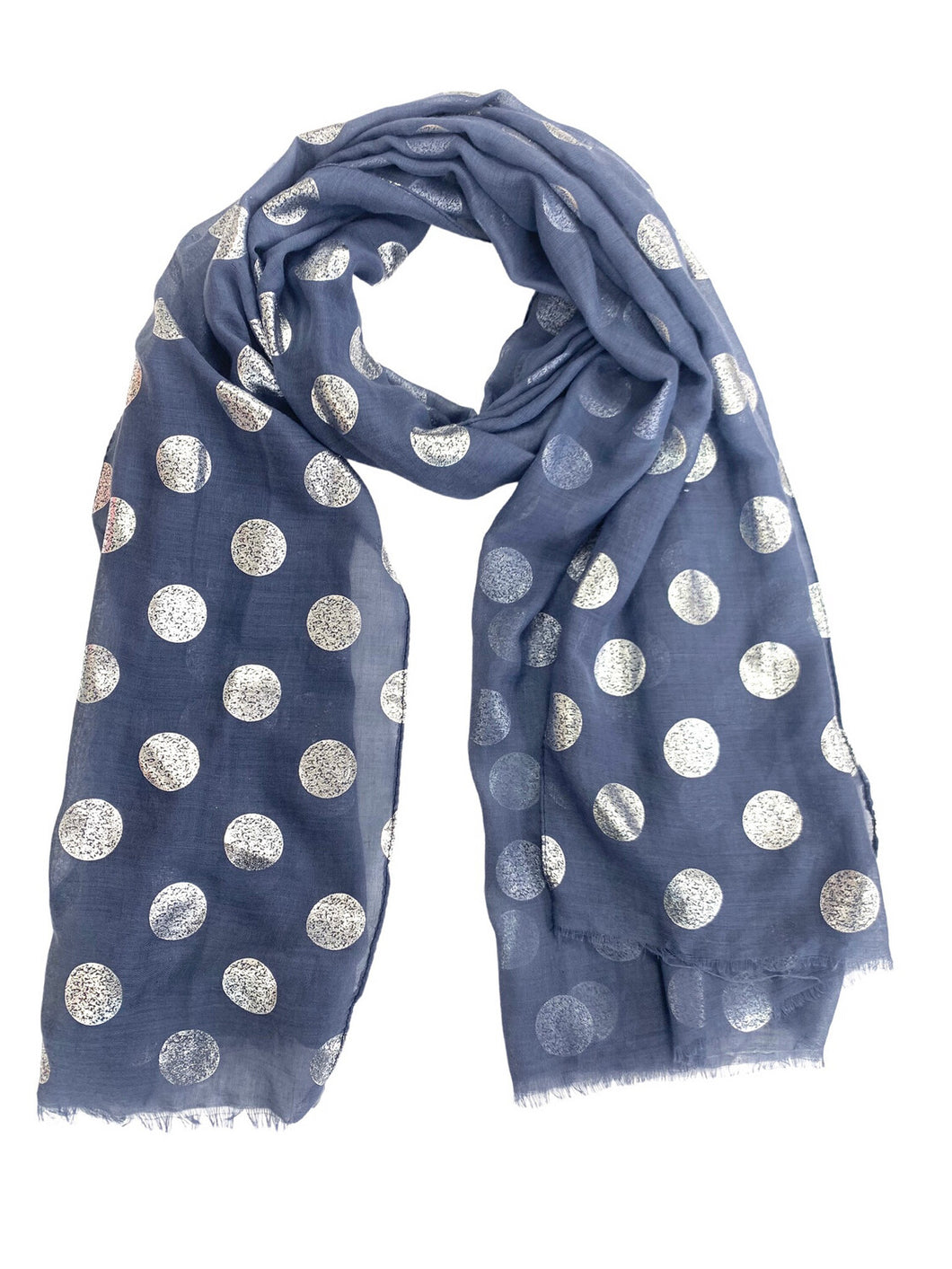 Scarf - Polka Dots with Frayed Edges - Silver on Blue