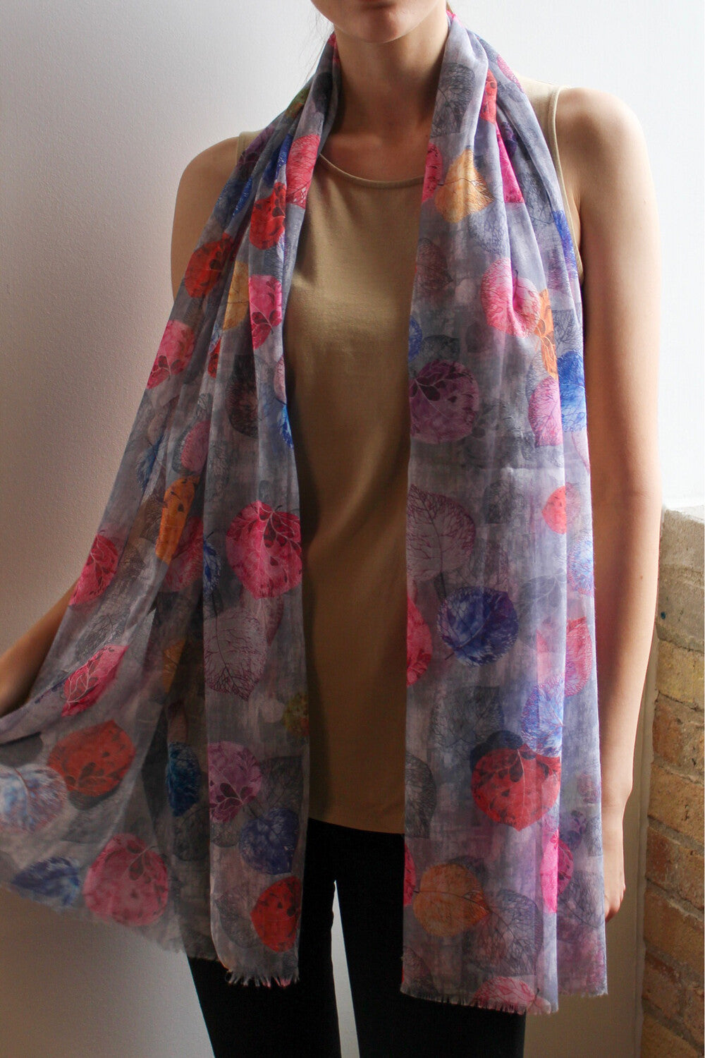 Scarf - Long with Frayed Edges - Multi-Coloured Leaves on Grey