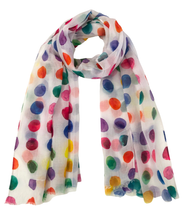 Load image into Gallery viewer, Scarf - Long with Frayed Edges - Multi-Colourful Polka Dots on White
