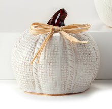 Load image into Gallery viewer, Fall Decor - White Ceramic &amp; Raffia Small Sweater Motif Pumpkins
