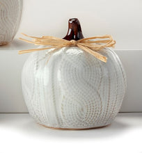 Load image into Gallery viewer, Fall Decor - White Ceramic &amp; Raffia Small Sweater Motif Pumpkins
