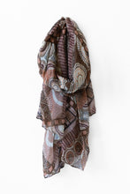 Load image into Gallery viewer, Scarf - Geometric Boho Print- Brown &amp; Blue
