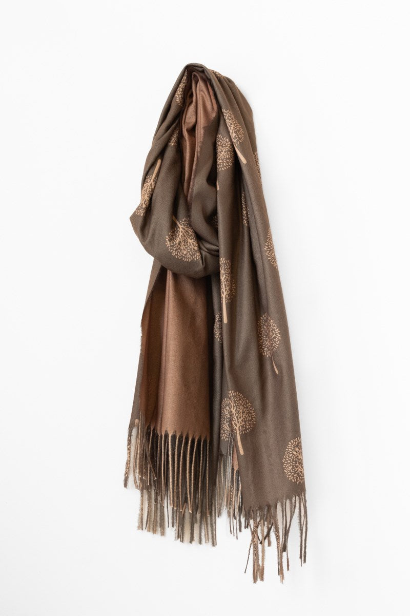 Scarf - Trans-Seasonal with Fringed Edges - Tan Tree Print on Olive