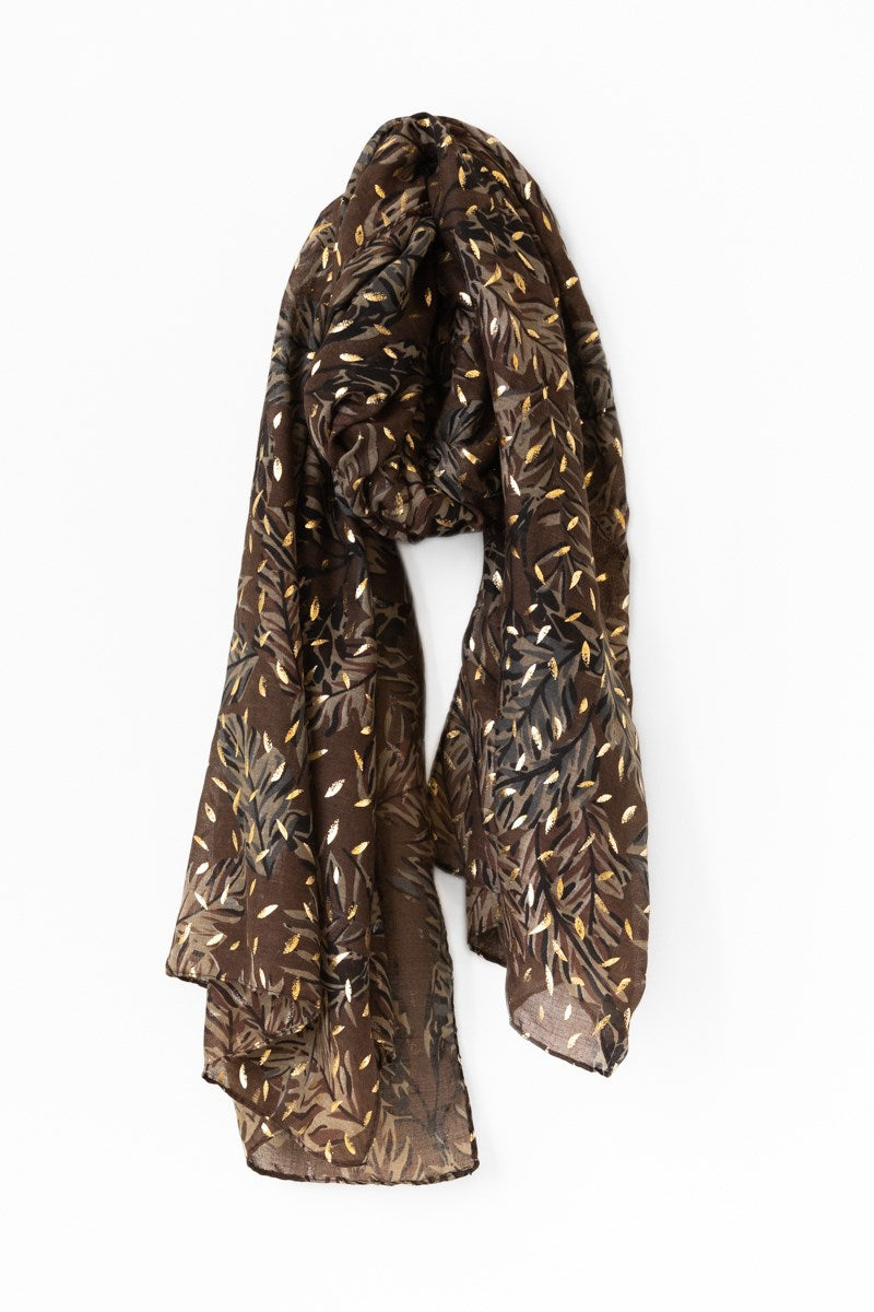 Scarf - Leaf Motif with Gold Accent - Brown