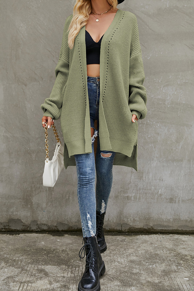 Knitted Cardigan - Ribbed Open Front - Green