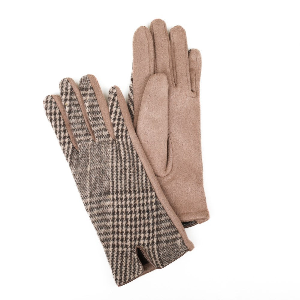 Gloves - Houndstooth Plaid Stretch Soft & Warm Texting - Taupe