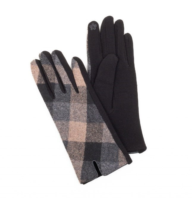 Gloves - Plaid Stretch Soft & Warm Texting - Black/Taupe