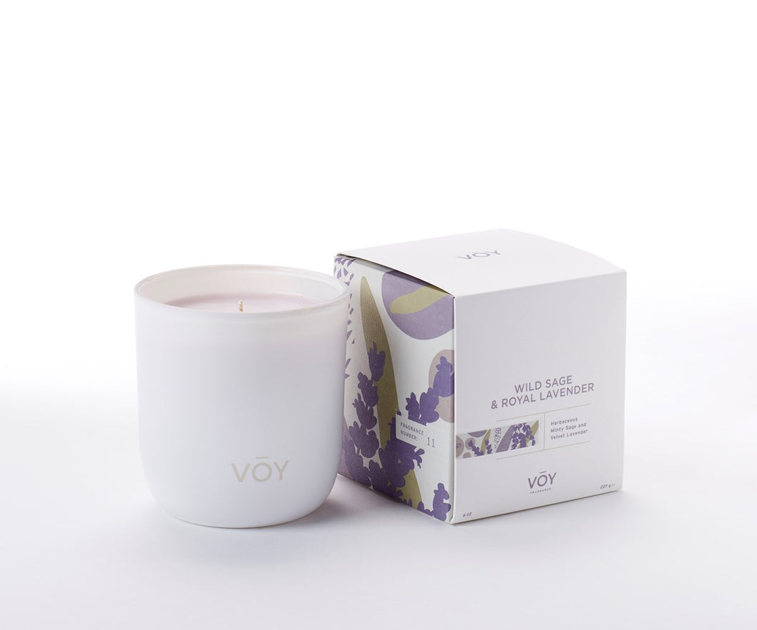Candle - Glass Jar Frosted White - Blended Soy - Voy - Wild Sage & Royal Lavender Scent