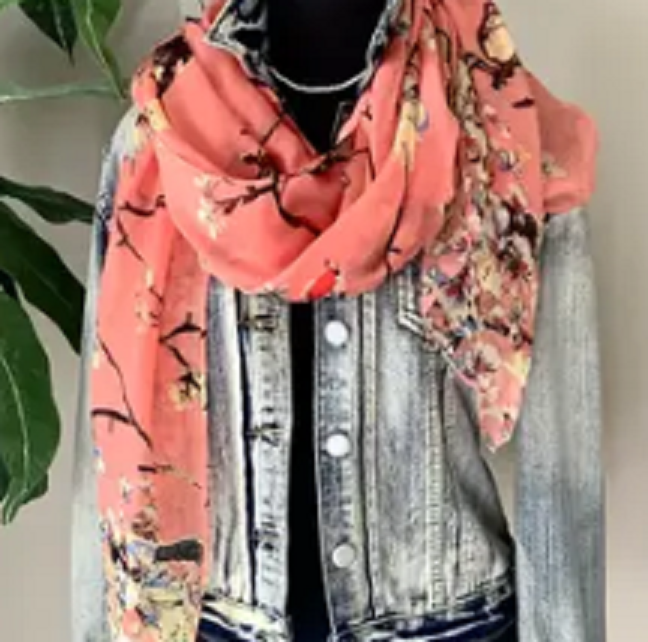 Scarf - Hand-Printed with Birds and Branches Motif on Coral
