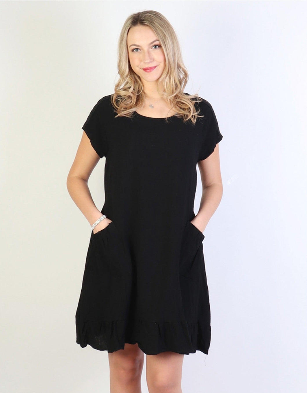 Dress - Short Sleeve with Pockets, Flounced Edge, Circle Cut-Out Shoulders & Tie Back - Black