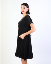 Load image into Gallery viewer, Dress - Short Sleeve with Pockets, Flounced Edge, Circle Cut-Out Shoulders &amp; Tie Back - Black
