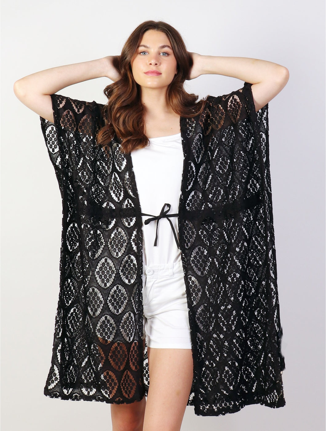 Cover-Up - Diamond Embroidered Lace Kimono with Tie - Black