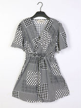Load image into Gallery viewer, Dress -Short Sleeve Black/White Print with Cross Collar and Tie
