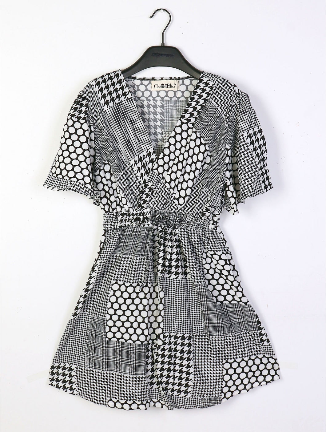 Dress -Short Sleeve Black/White Print with Cross Collar and Tie