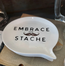 Load image into Gallery viewer, Decorative Trinket Plate - Porcelain White with Black Inscribed &quot;Embrace The Stache&quot; &amp; Gold Moustache
