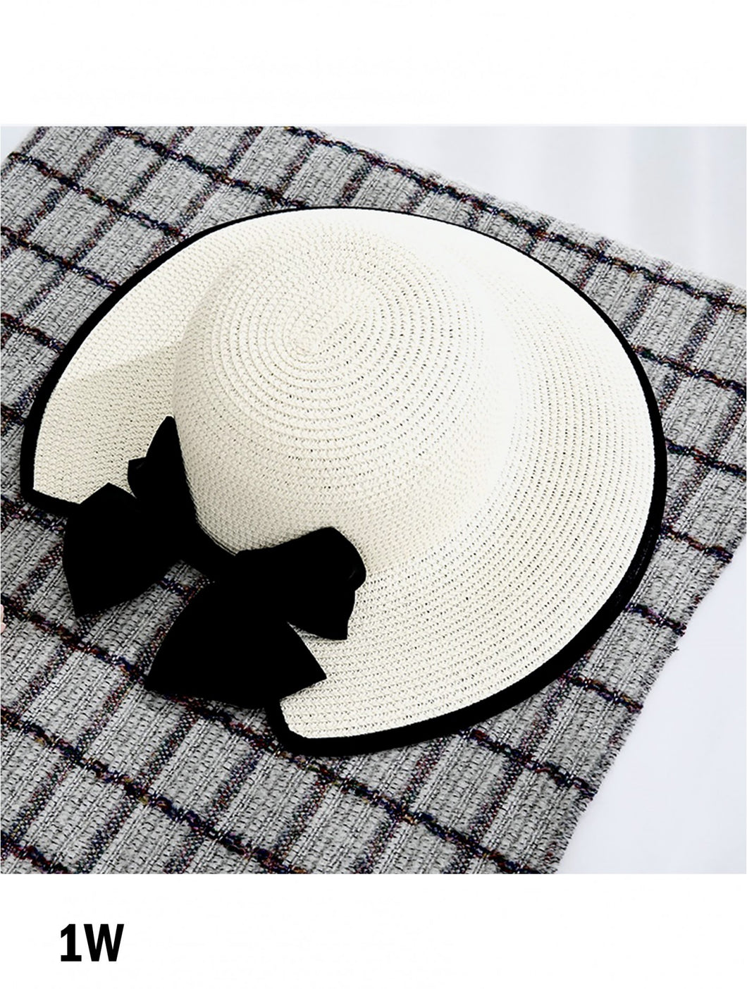 Hats - Wide Brim Straw Sun/Beach Hat with Bow - White/Black