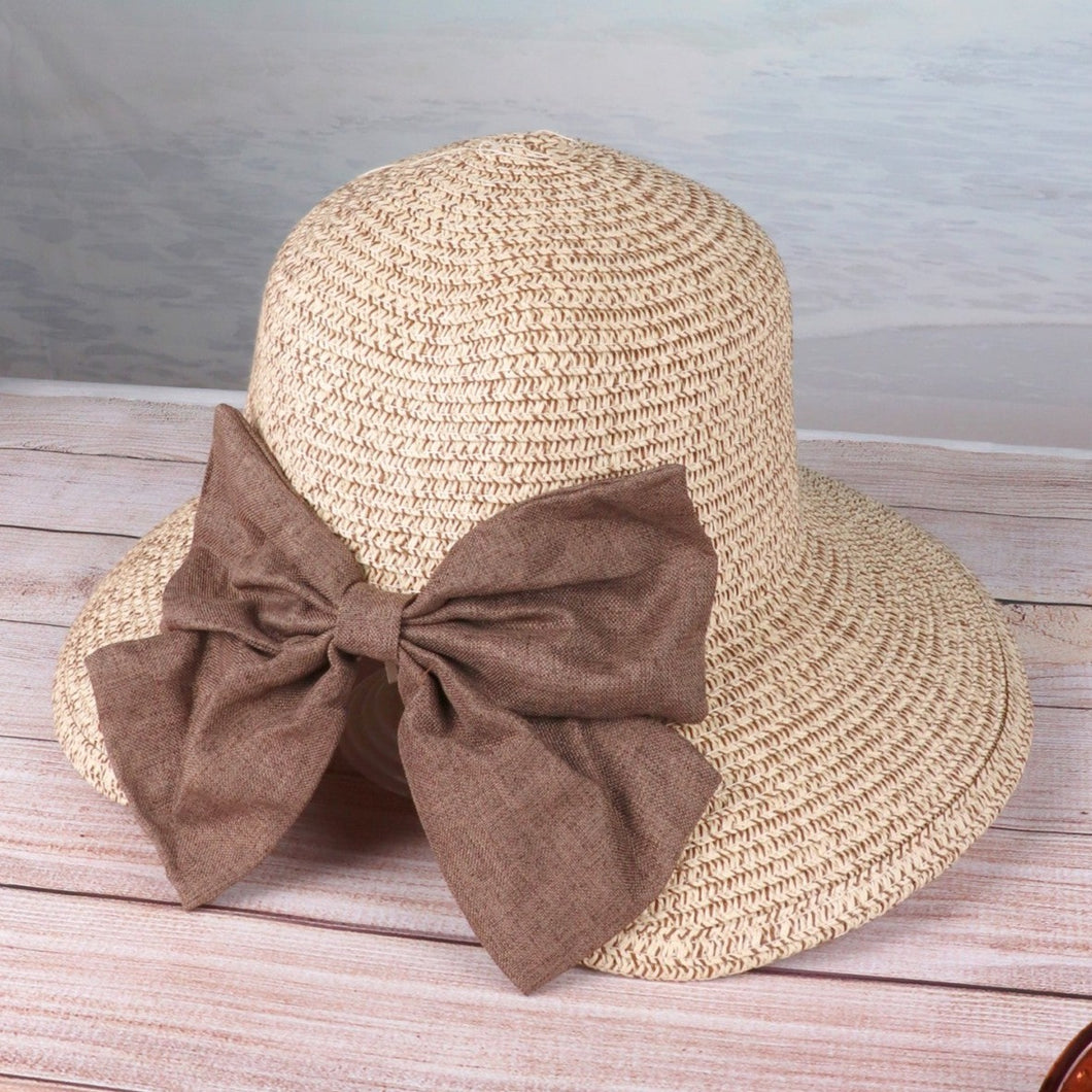 Hats - Wide Brim Straw Sun/Beach Hat with Bow - Brown
