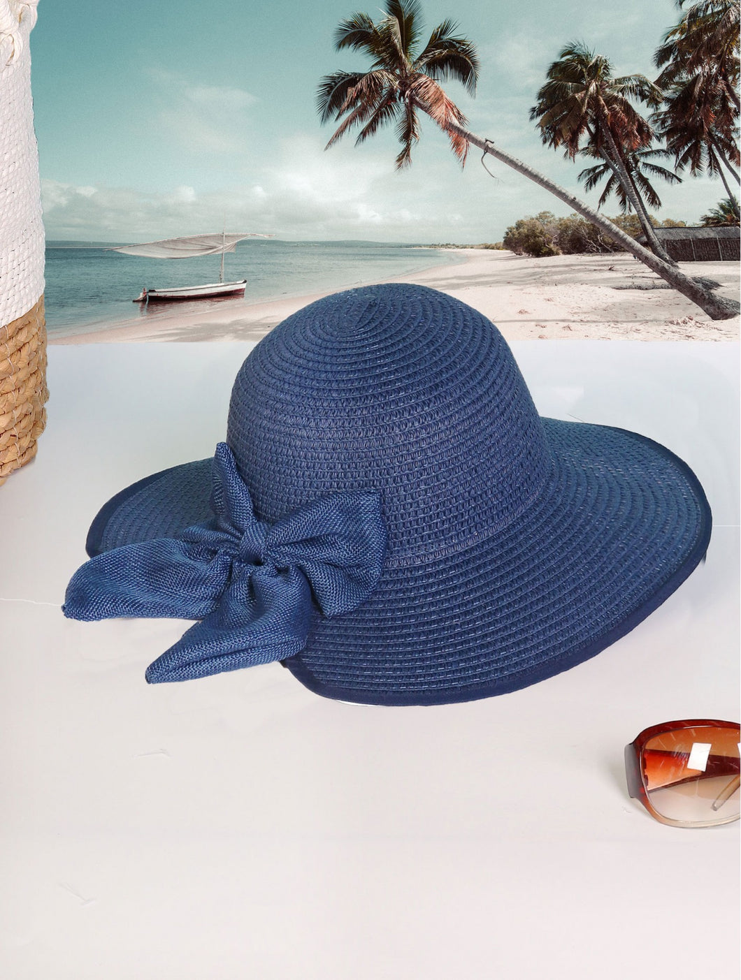 Hats - Wide Brim Straw Sun/Beach Hat with Bow - Blue