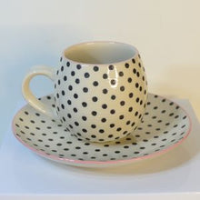 Load image into Gallery viewer, Mug and Dessert Plate Stoneware Set - Black &amp; White Polka Dot with Pink Accent (2 Pieces)
