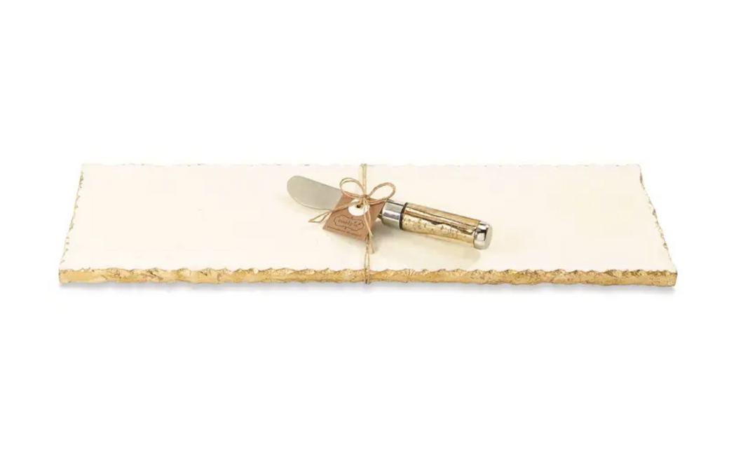 Charcuterie Board & Spreader Set - Mud Pie White Marble Serving Slab with Gold Foil Trim & Gold Mercury Glass Handled Spreader (2 Pieces)