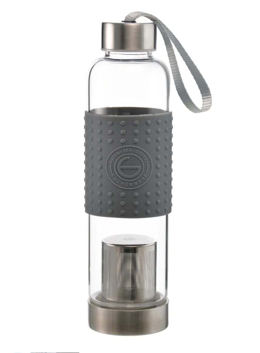 Water Bottle - Clear Marino Glass with Stainless Steel Lid & Strap and Detachable Infuser