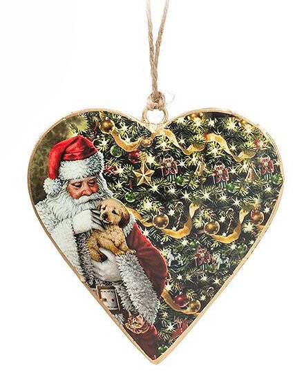 Holiday Ornaments - Vintage Santa with Puppy Metal Hearts