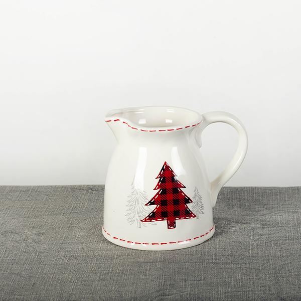 Holiday Kitchen - Pitcher - Ceramic White with Plaid Tree Motif
