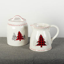 Load image into Gallery viewer, Holiday Kitchen - Pitcher - Ceramic White with Plaid Tree Motif
