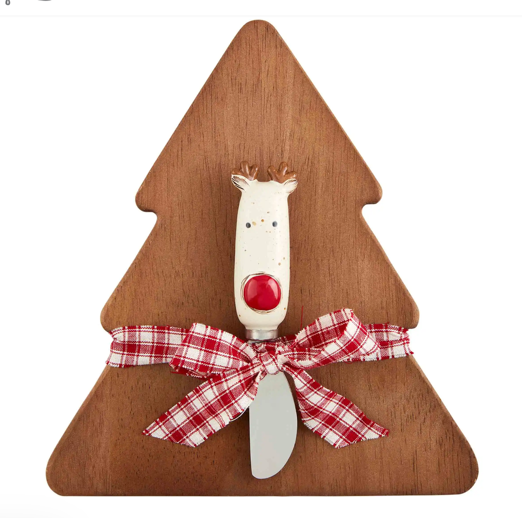 Holiday Kitchen - Mud Pie Wood Serving Board Set - Pinewood Tree with Reindeer Stoneware Spreader