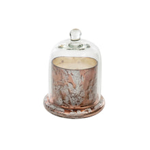 Load image into Gallery viewer, Made from a lovely clear glass with a rounded knob, this cloche allows the beauty of the candle&#39;s design to been seen while preserving its scent, and protecting the candle from dust or damage, helping them last longer.  Features a beautiful Amber Spruce scent of wintergreen, and eucalyptus leaves.  LENGTH: 3.25 WIDTH: 3.25 HEIGHT: 4.50 Shown: Rose Gold Cloche

