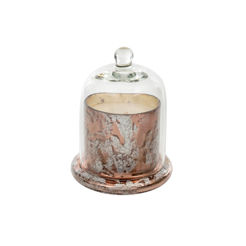 Made from a lovely clear glass with a rounded knob, this cloche allows the beauty of the candle's design to been seen while preserving its scent, and protecting the candle from dust or damage, helping them last longer.  Features a beautiful Amber Spruce scent of wintergreen, and eucalyptus leaves.  LENGTH: 3.25 WIDTH: 3.25 HEIGHT: 4.50 Shown: Rose Gold Cloche