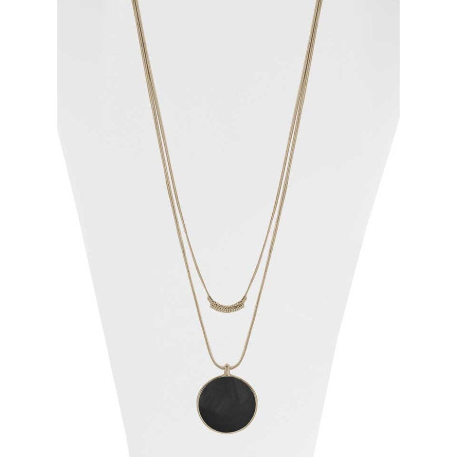 This unique and elegant double chain gold necklace has a beautiful black resin pendant that will make a statement.  Easily adjustable and very versatile, it can be worn in so many ways to compliment any outfit. Adjustable