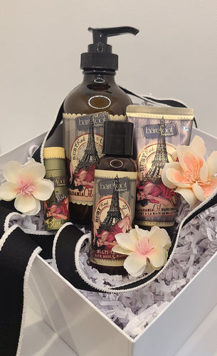 This luxurious Barefoot Venus Body Gift Set is perfect for making your skin feel silky and smooth.  Lather yourself in softness with the Macadamia Oil Body or Hand Cream.  Nourish your skin with the Multi-Tasker Body Oil, full of 100% natural oils.  And don't forget to pucker up and moisturize with the Lip Balm.Set Includes:  1 Macadamia Oil Body Cream 1 Macadamia Oil Hand Cream 1 Multi-Tasker Body Oil 1 Lip Balm.  *Due to the nature of the products, these items are NON-REFUNDABLE