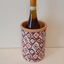 Load image into Gallery viewer, Keep the vintage cool with a touch of European flair in this stylish Tall Diamond Wine Cooler. Crafted out of terracotta and decorated with a unique diagonal pattern reminiscent of the trendiest European designs, this fashion-forward cooler is the perfect complement to any get-together. Just add your favourite bottle for an elegant Birthday, Hostess, Father&#39;s Day, or Just Because Gift** Size:  7&quot;H Capacity:  O:4.5&quot; Colour:  Black/Grey/Pink Material:  Terracotta

