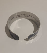 Load image into Gallery viewer, Quote inside:  &quot;If you follow all the rules, you miss all the fun.&quot; Katherine Hepburn  Made of aluminum each cuff is hypo-allergenic, lead and nickel free, with no toxic finishes. Everything is printed with a permanent dye which gives a nice vibrant finish.   Cuffs are super light weight and adjustable allowing them to be molded to fit most sizes.   Each cuff is 3/4&quot; thick and are perfect for stacking.
