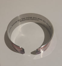 Load image into Gallery viewer, We have picked some of our favourite pieces and paired them with an inspirational saying that resonates with us. Quote inside:  &quot;If you follow all the rules you miss all the fun.&quot; Katherine Hepburn  Made of aluminum each cuff is hypo-allergenic, lead and nickel free, with no toxic finishes. Everything is printed with a permanent dye which gives a nice vibrant finish.   Cuffs are super light weight and adjustable allowing them to be molded to fit most sizes.   Each cuff is 3/4&quot; thick.
