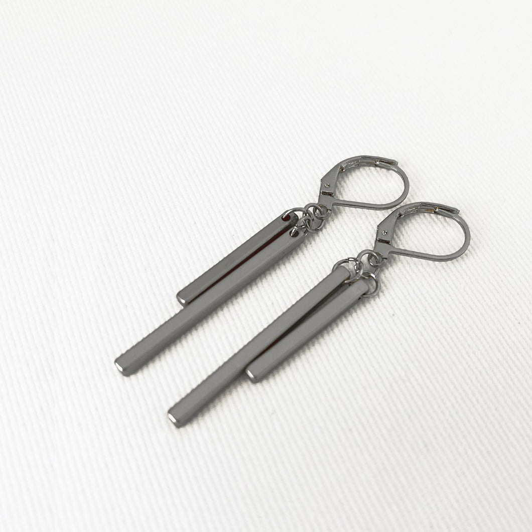Earrings - Matte Hematite Metallic Asymmetric Double Stick Dangling
