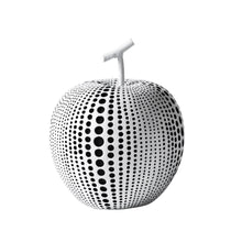 Load image into Gallery viewer, This charming resin white apple figure features a painted debossed textured dot pattern to highlight its modern form, giving it a twist to traditional apple decorations.  This whimsical decorative accent makes a fun, yet bold statement when perched on a shelf or table in the kitchen or living room. Display it on its own or pair it with its complementary black resin pear for a unique look as shown.  Perfect for Birthdays, Housewarming, Bridal Shower or Teachers gift.  Size:  5d x 6.25h&quot;  Material:  Polyresin
