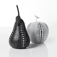 Load image into Gallery viewer, This charming resin white apple figure features a painted debossed textured dot pattern to highlight its modern form, giving it a twist to traditional apple decorations.  This whimsical decorative accent makes a fun, yet bold statement when perched on a shelf or table in the kitchen or living room. Display it on its own or pair it with its complementary black resin pear for a unique look as shown.  Perfect for Birthdays, Housewarming, Bridal Shower or Teachers gift.  Size:  5d x 6.25h&quot;  Material:  Polyresin
